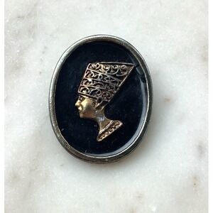 Vintage Egyptian Nefertiti Queen Black Enamel Golden Toned Pin Brooch